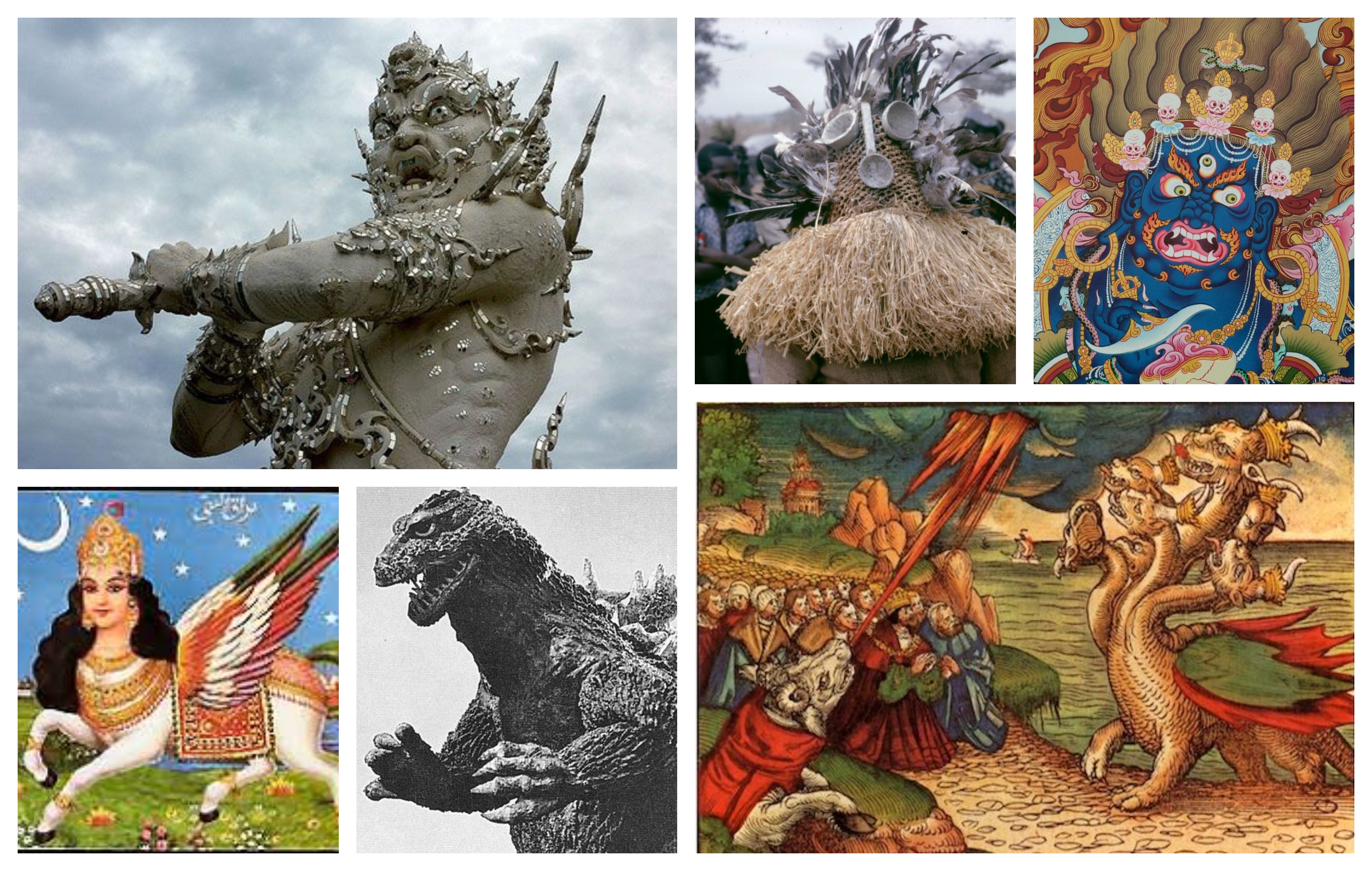 A collage of monstrous figures from various religious traditions